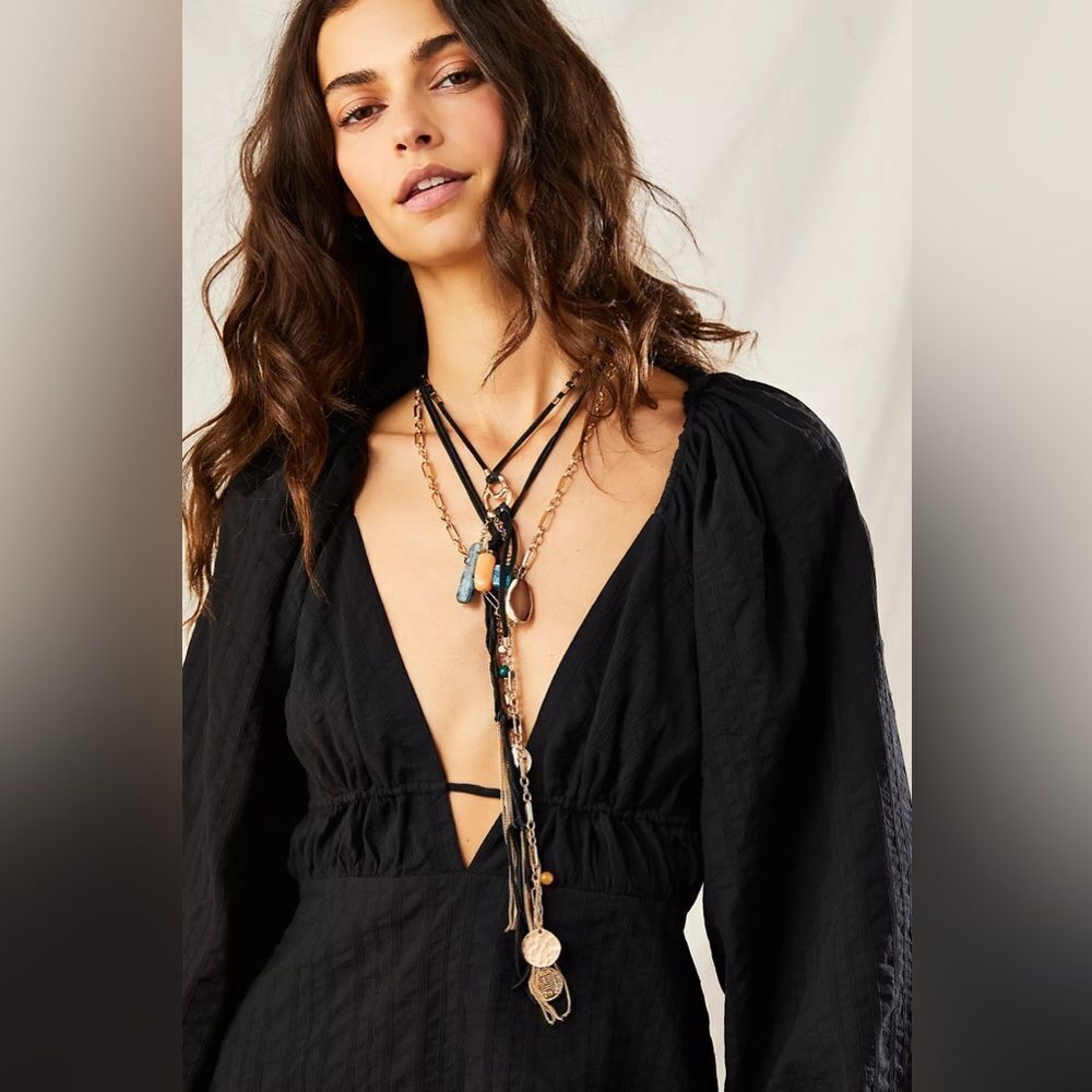 NWT Free People Fire Of Love Layered Necklace Gold/Black Leather combo